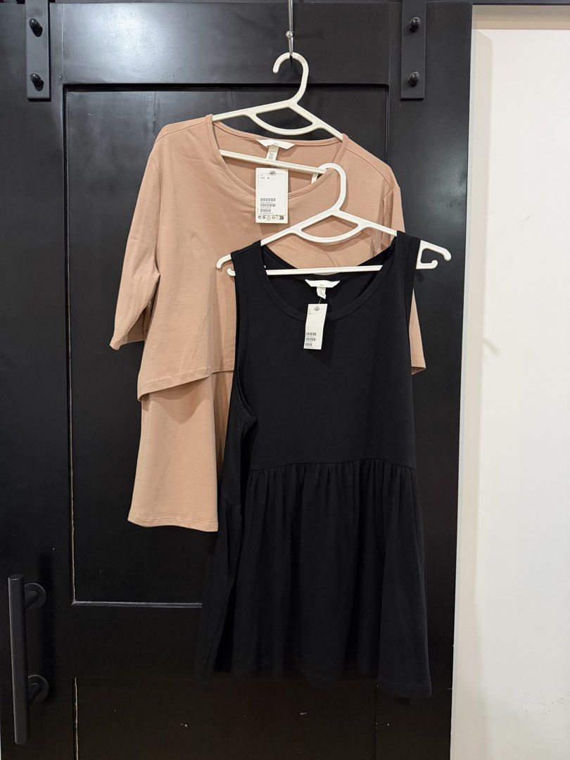 H&M Mama Maternity Tops - Black & Beige (Category: Maternity wear) located in Mabalacat. Submitted by kgutz (Listing ID 1459041166, Image 1). Description: > Brand new with tags > Bought separately, selling LOW as a set > Short-sleeved top size XL, Sleeveless top size L > RFS: Cleaning out my closet of items that no longer fit! Most are unused / like-new..