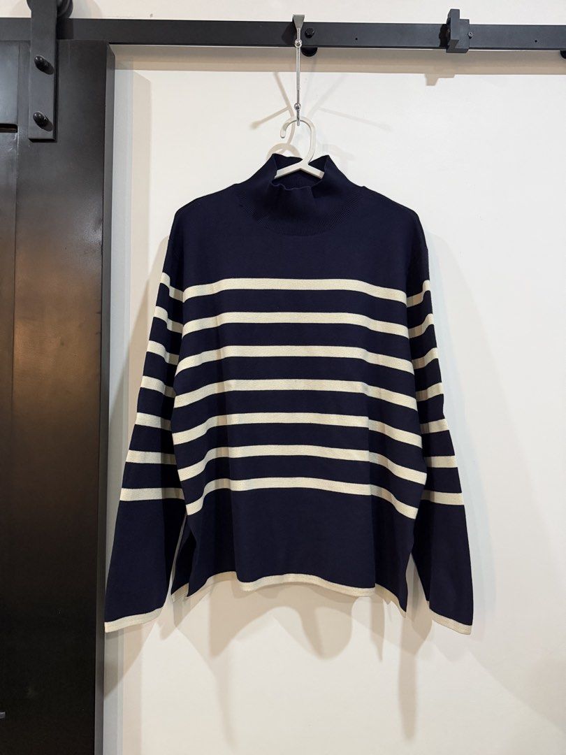 H&M Navy Blue Striped Turtleneck Jumper (Category: Jumpsuits) located in Mabalacat. Submitted by kgutz (Listing ID 1459040083, Image 1). Description: > Oversized fit, thick and good material > Washed but never worn > RFS: Cleaning out my closet of items that no longer fit! Most are unused / like-new..