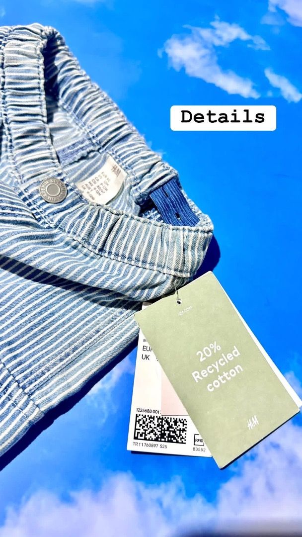 H&M Striped Cargo Pants 9-12m (Runs Big) (Category: Babies & Kids Fashion) located in Sarrat. Submitted by rzboy (Listing ID 1459018797, Image 2). Description: - Brand new H&M baby pants - Blue and white striped design - Cargo style with functional pockets - Comfortable elastic waistband and cuffs - Made with 20% recycled cotton - Tag still attached - Recommended for babies up to 2 years old.