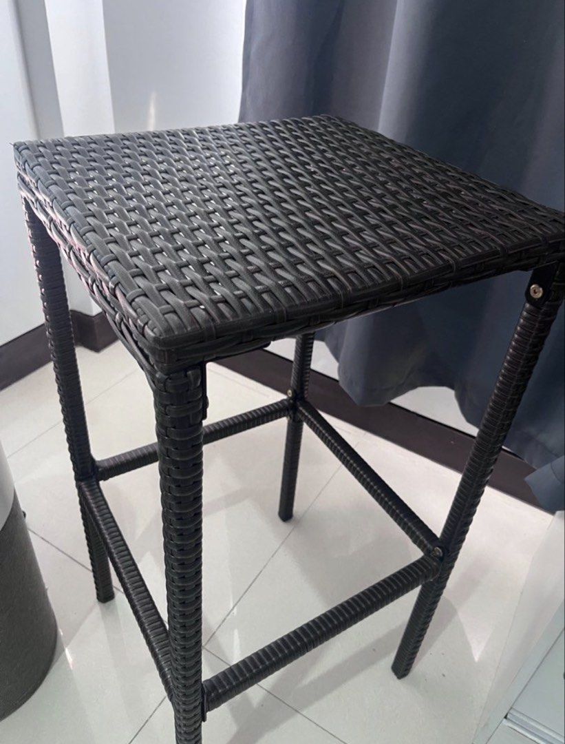 Imported Rattan-Style High Stool or Side Table Durable (indoor/outdoor) (Category: Chairs) located in Quezon City. Submitted by jnapreloved (Listing ID 1458960046, Image 1). Description: Selling our preloved Rattan-Style High Stool! Imported piece, likely bought from S&Ror similar. Durable & Multi-Purpose Unique Style Originally bought for P1,500 Weather-resistant Can be used as a high stool or side table Stylish woven rattan design (plastic - ea