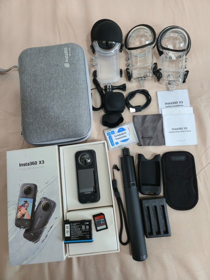 Insta360 X3 (Category: Cameras) located in Manila. Submitted by rhein1020 (Listing ID 1459037873, Image 1). Description: - 2× Original Insta360 X3 Invisible Dive Cases - 3-Battery Charging Hub - Carrying Case - 128GB MicroSD Card - Screen Protector - Lens/Camera Covers - Other Original Accessories ✨ Complete bundle — ready to use! ⚠️ Camera lens has a small scratch (see photos)..