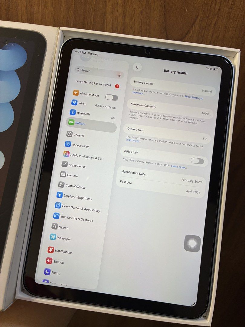 iPad Mini 7 (100% BH) (Category: iPad) located in San Carlos. Submitted by marco1199 (Listing ID 1458985311, Image 3). Description: iPad Mini 7 128gb WiFi Apple Warranty until April 2027 100% Battery Health 🔋 60 Cycle Count only Good as new No issue .