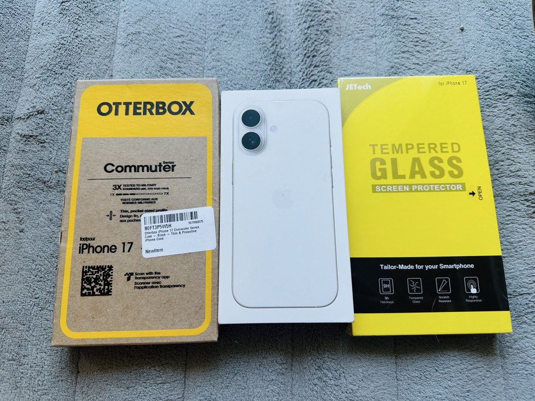 IPHONE 17 256gb with accessories (Category: iPhone 17 Series) located in San Pedro. Submitted by mysticdog_8deb08 (Listing ID 1458918083, Image 1). Description: -Send your offer - All Sealed and brand new, US variant - iPhone 17, 256GB storage, White color - Comes with Otterbox Commuter Series case - Includes JeTech Tempered Glass Screen Protector - Available for meetups in San Pedro Town Center, Laguna, Ayala or Bgc.
