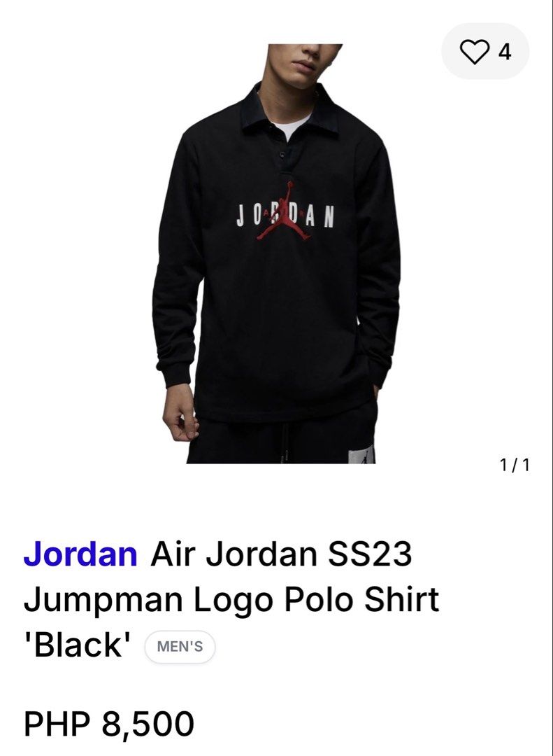 Jordan Polo Sweatshirts (Category: Tshirts & Polo Shirts ) located in Maribojoc. Submitted by nayer (Listing ID 1459050253, Image 2). Description: Air J0rd4n SS23 Jumpman Logo Polo Shirt ‘Black’ Embroidered Jumpman Logo Excellent 9.8/10 color rate Medium on tag AD: W20 * L28.5.