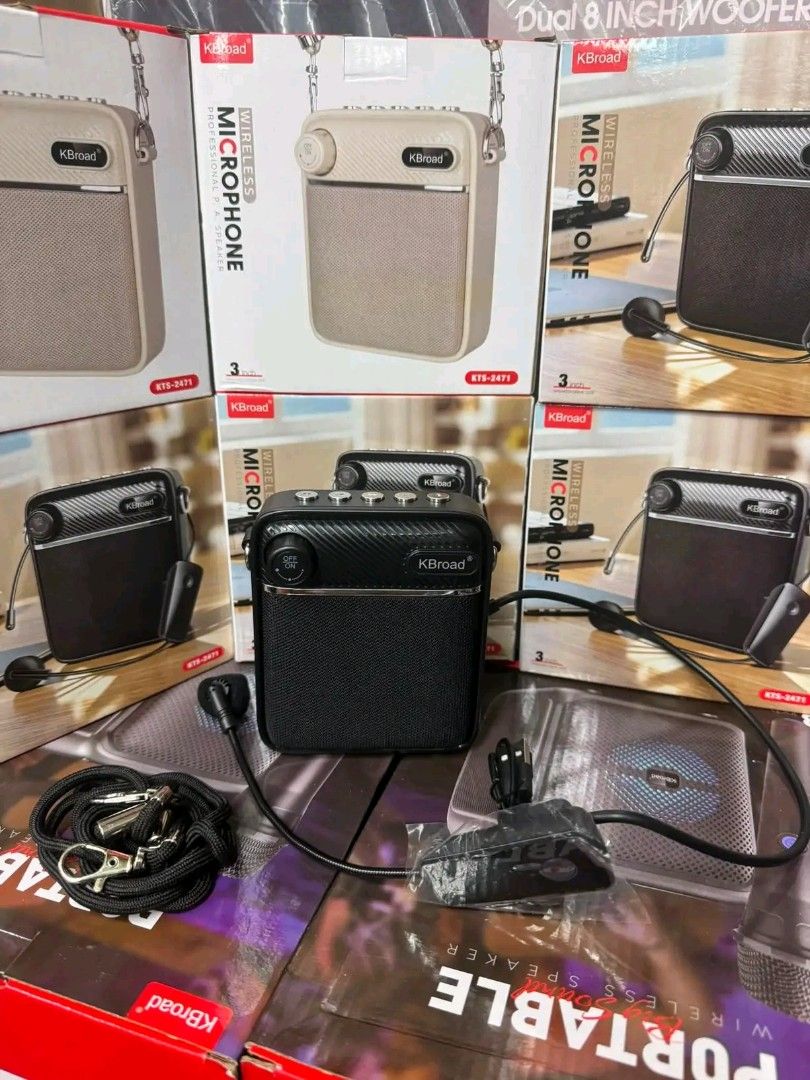 KBroad Portable Wireless Microphone Speaker with Headset (Category: Microphones) located in Manila. Submitted by marvieobordo (Listing ID 1458900500, Image 3). Description: - KBroad Portable Wireless Microphone Speaker - Includes headset microphone - Comes with charging cables - Available colors: Beige, Black, Mint Green - Ideal for presentations, teaching, and performances - Easy to carry with included strap - Rechargeable battery.