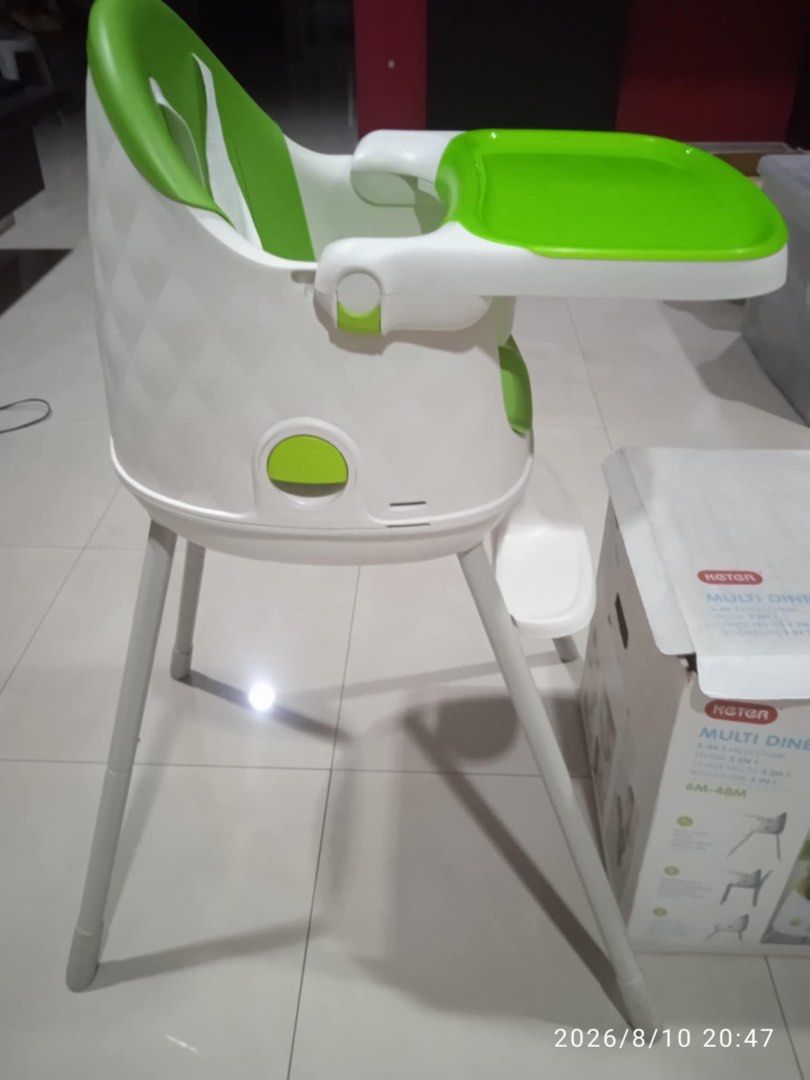 Keter Multi Dine 3-in-1 High Chair Green (Category: Chairs) located in Makati City. Submitted by meanncm (Listing ID 1458964764, Image 2). Description: - Keter Multi Dine 3-in-1 High Chair - Suitable for ages 6-48 months - Converts to a toddler chair and booster seat - Features an easy-to-clean tray - Includes safety straps - Comes with original box Used only thrice. RFS: Extra high chair..