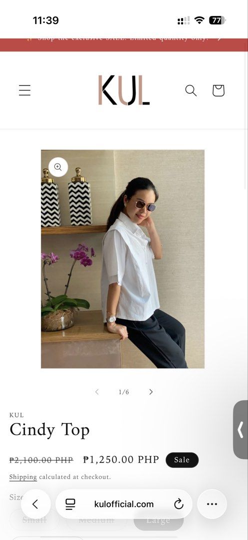 KUL Cindy Top White Button-Up Shirt Size L (Category: Blouses) located in Bacolod City. Submitted by curatrix (Listing ID 1458916701, Image 1). Description: - Brand: KUL - Style: Cindy Top - Color: White - Features: Classic collar, short sleeves, relaxed fit - Occasion: Casual, smart-casual - Condition: Brand new with original tags attached.