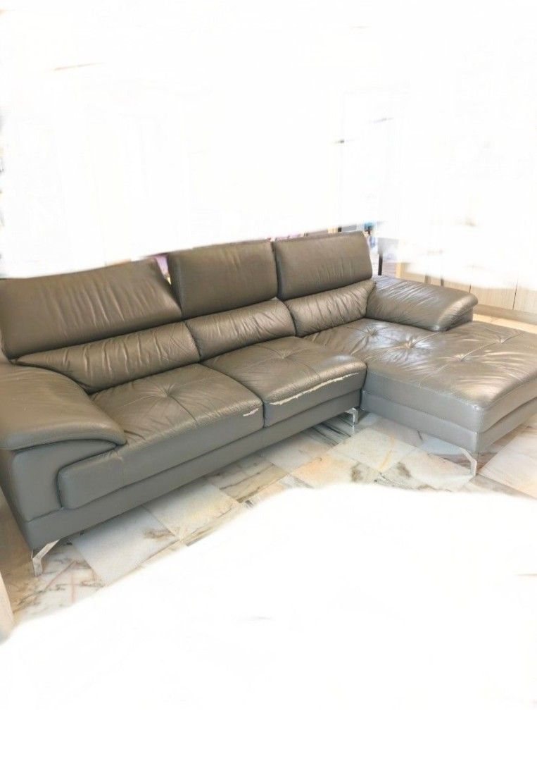 Leather sofa RM250 only!!! (Category: Sofas) located in Kuala Lumpur. Submitted by itemsforsale01 (Listing ID 1458962321, Image 2). Description: -L shape sofa with some defect - Location to pick up Kuala Lumpur - Comfortable and stylish design-grey - Versatile grey color - well used L-Shape Leather Sofa – RM250 Only! 🛋️ 📍 Self-pickup 📦 Buyer to arrange own transportation.