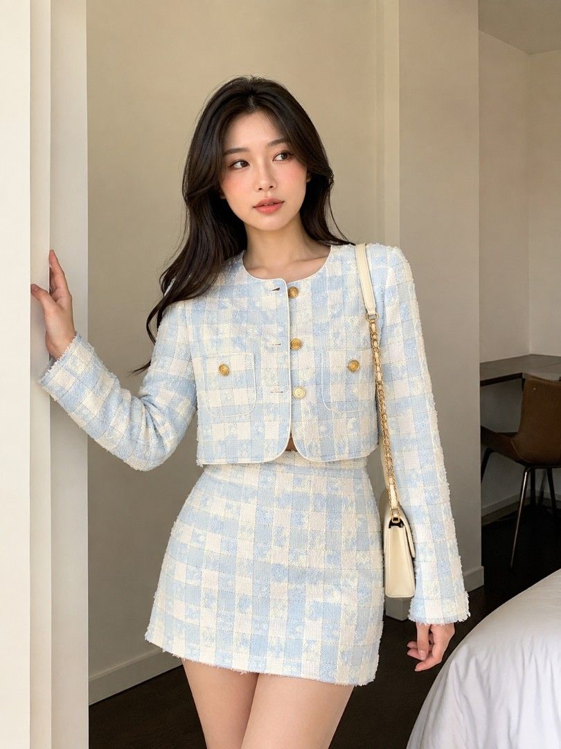 Light Blue Blazer & Skirt Tweed Coords (Category: Sets or Coordinates) located in Quezon City. Submitted by mariaplusmoshi (Listing ID 1458906139, Image 2). Description: Selling my pastel blue tweed coords for only 1300 (bought it for 1500 + sf) ❤️ - never been used (kakarating lang) - rfs: wrong size for me - best fit to medium - waistline is 26-27 📍Ever, Commonwealth, Q.C MOP: Gcash Lalamove/J&T.