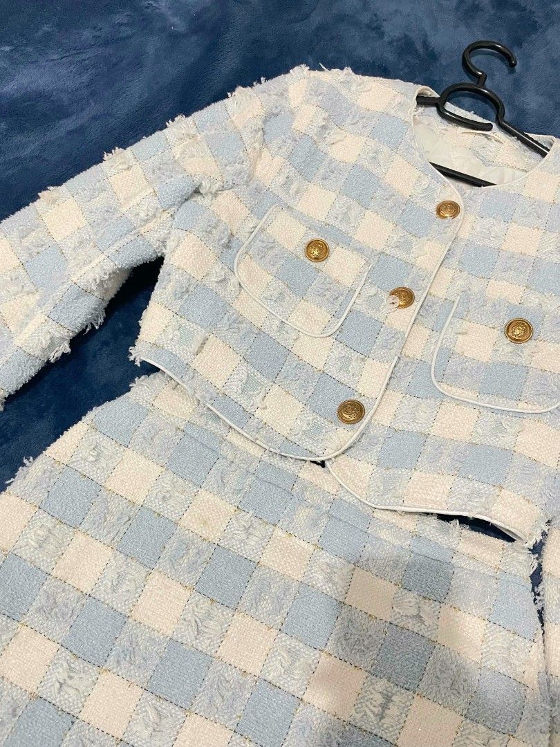 Light Blue Blazer & Skirt Tweed Coords (Category: Sets or Coordinates) located in Quezon City. Submitted by mariaplusmoshi (Listing ID 1458906139, Image 3). Description: Selling my pastel blue tweed coords for only 1300 (bought it for 1500 + sf) ❤️ - never been used (kakarating lang) - rfs: wrong size for me - best fit to medium - waistline is 26-27 📍Ever, Commonwealth, Q.C MOP: Gcash Lalamove/J&T.