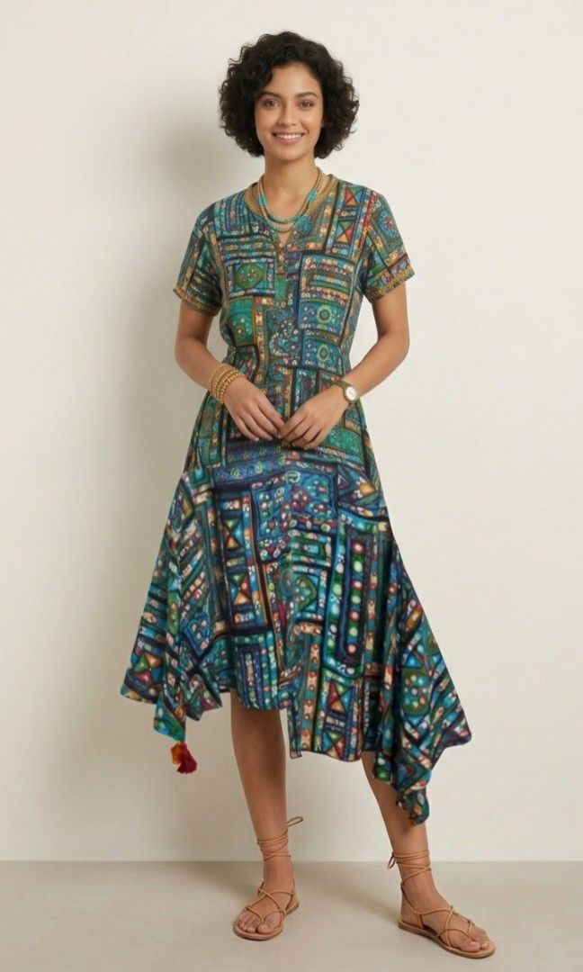 Macrame Bohemia Multicolored Geometric Patchwork Boho Dress (Size 4) (Category: Dresses) located in Naga. Submitted by whimsy_vault (Listing ID 1458751178, Image 1). Description: FLAT LAY MEASUREMENTS (Approximate): • Pit to Pit: 20 inches • Length: 47 inches Elevate your wardrobe with this stunning, vibrant piece from Macrame Bohemia. Proudly Made in India, this dress features an eye-catching, whimsical geometric patchwork design filled with ric