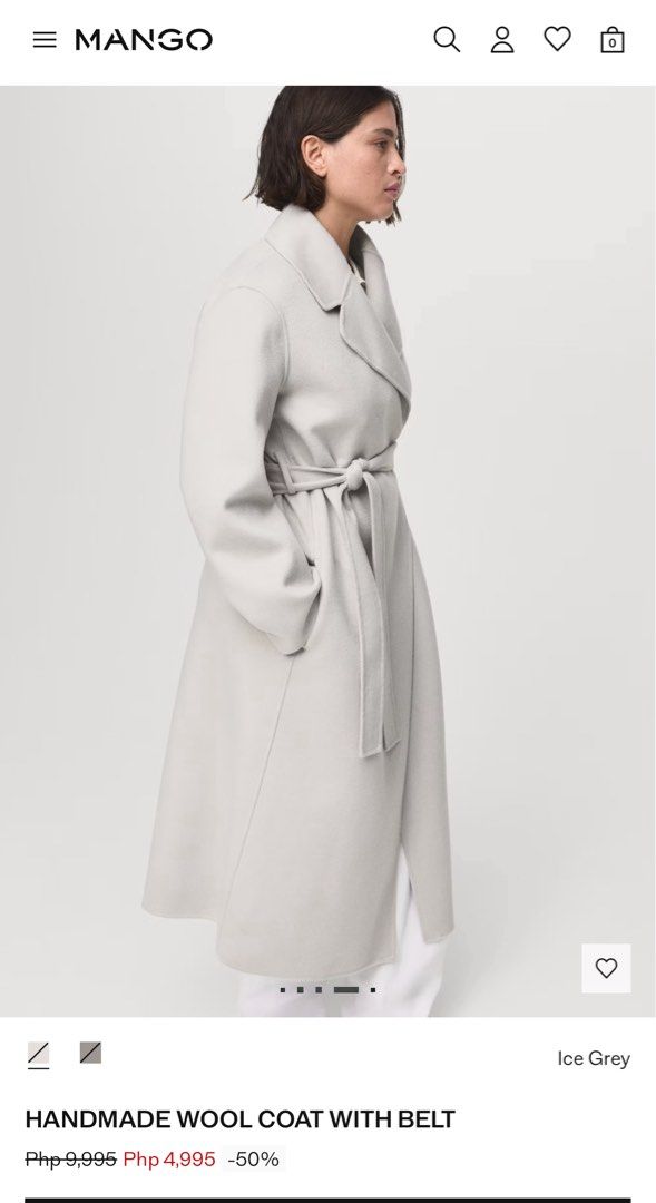 Mango Handmade Wool Coat with Belt - Ice Grey (Category: Coats, Jackets and Outerwear) located in Rodriguez. Submitted by preaimebyjc (Listing ID 1458976483, Image 2). Description: - Brand: Mango - Color: Ice Grey - Size: XS - Style: Long wool coat - Features: Detachable belt for waist cinching - Condition: Brand new, never worn - Perfect for: Layering, cooler weather used only once! bought for Php4,995 :).