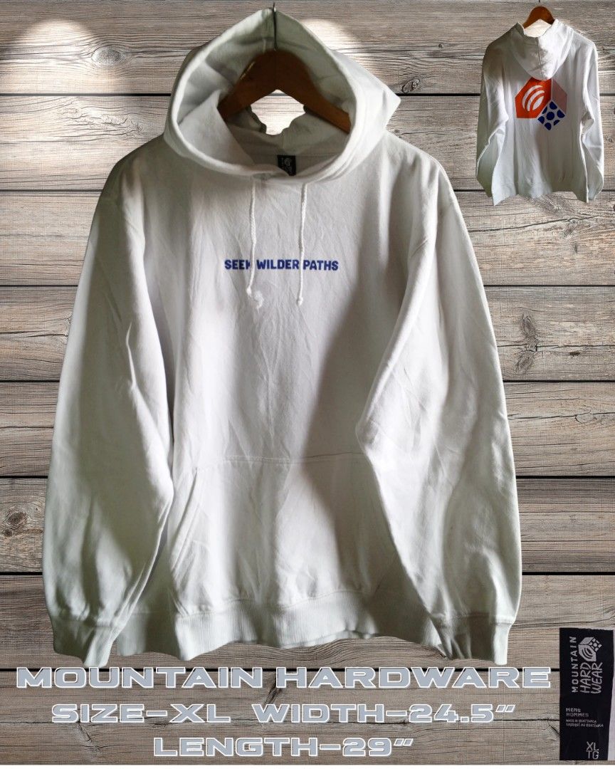 Mountain Hardware White Hoodie "Seen Wilder Paths" (Category: Hoodies) located in Taytay. Submitted by ThriftRacks (Listing ID 1458957946, Image 1). Description: - White Mountain Hardware hoodie - "Seen Wilder Paths" embroidered on front - Graphic on back - Size: XL - Measurements: Width 24.5", Length 29" - Ideal for casual wear.