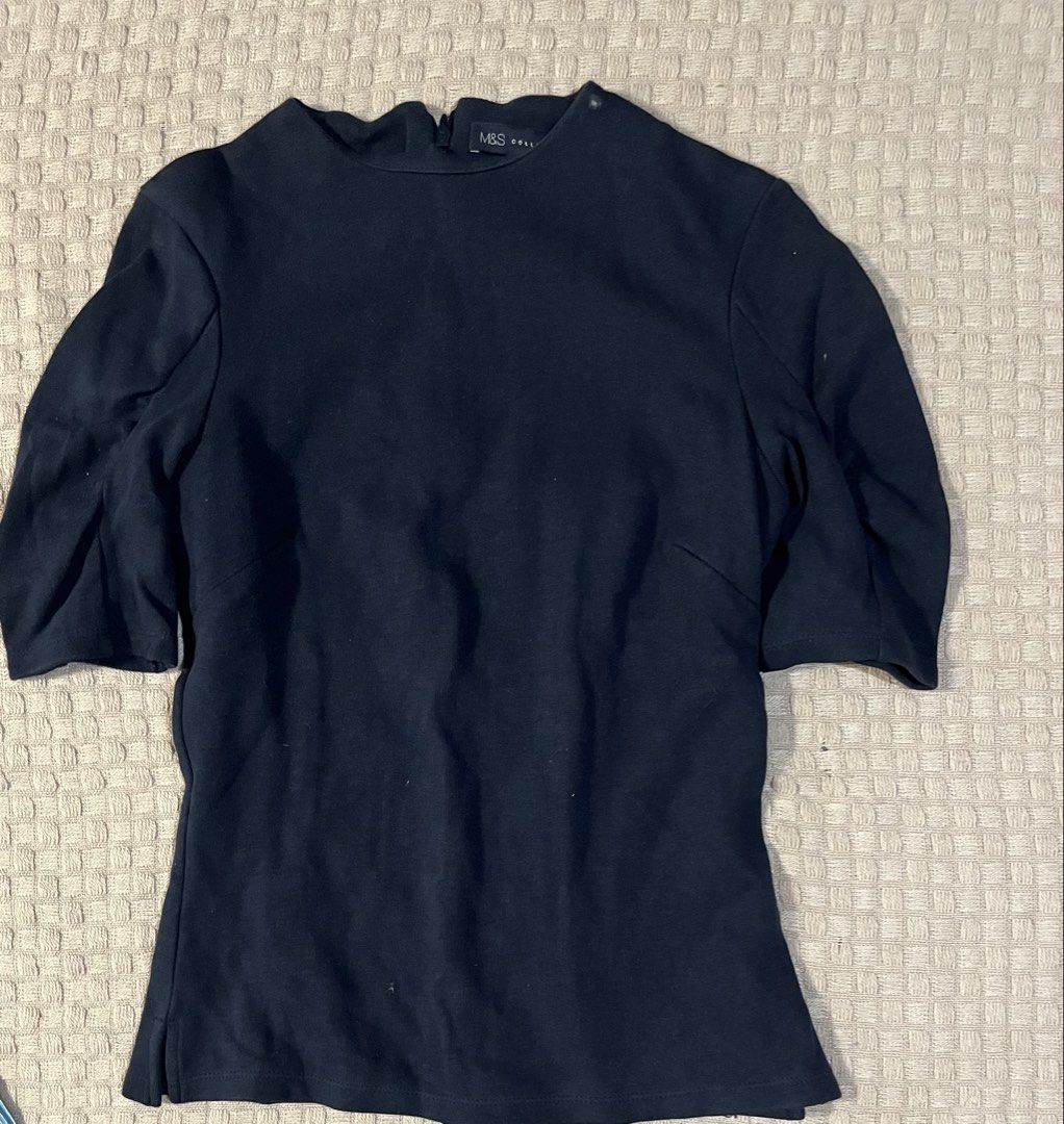M&S Collection Navy Blue Short Sleeve Top (Category: Blouses) located in Mandaluyong City. Submitted by hopeworldplane (Listing ID 1458990884, Image 1). Description: - Navy blue top from M&S Collection - Short sleeves with subtle puff detail - Elegant high neckline - Convenient back zip closure - Versatile design for everyday or dressed-up looks.