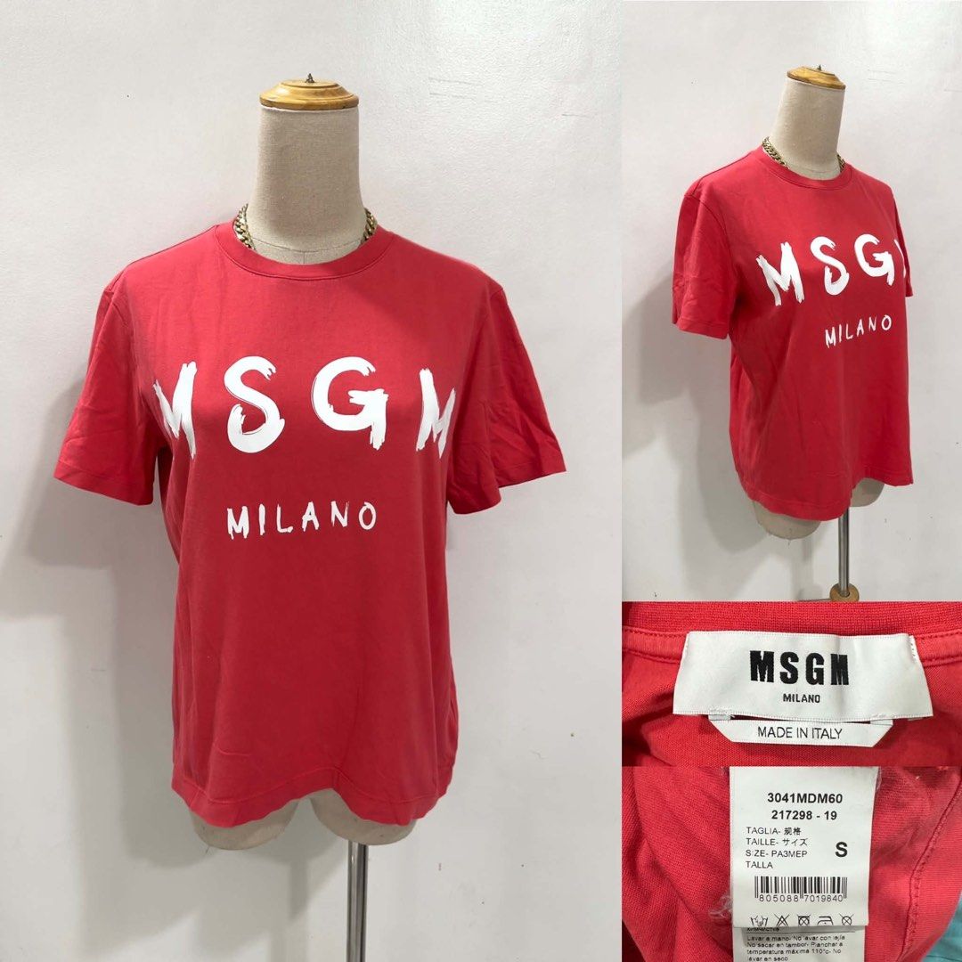 MSG M Milano Red T-shirt Size S (Category: Shirts) located in Bacolod City. Submitted by bhabissagal-05763 (Listing ID 1458897333, Image 1). Description: - Brand: MSG M - Design: Milano T-Shirt - Features: Short sleeves, crew neck - Front Detail: MSG M logo and 'Milano' text - Origin: Made in Italy - Size: S - Occasion: Casual wear.