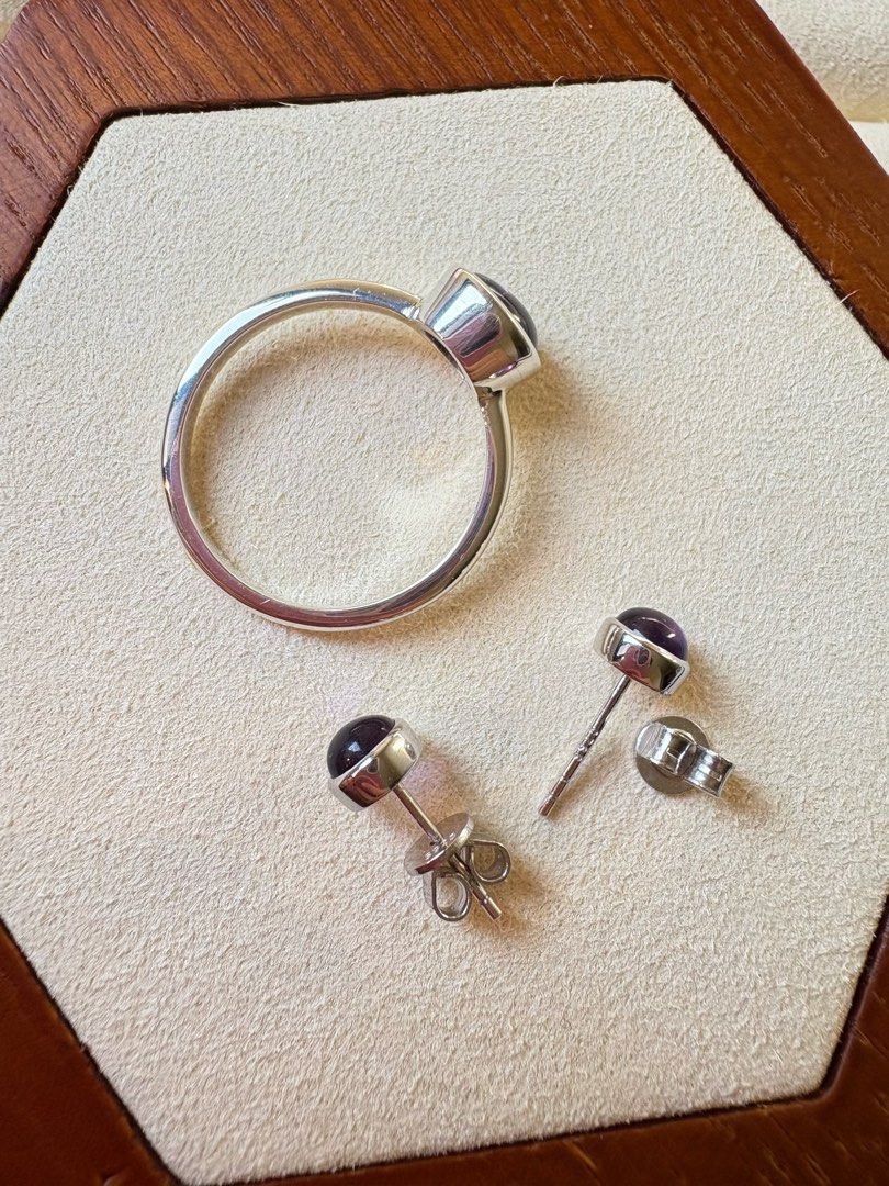 Natural Amethyst Bezel Ring & Earrings Set (Category: Rings) located in Cavite. Submitted by daintyme.03 (Listing ID 1458951422, Image 2). Description: AVAILABLE!!! 💎Natural Amethyst Bezel Ring & Earrings Set💎 💰Set for 6,150php 🩶1 Set Available, No restock 🩶Sterling Silver 🩶Approx 3.5g (Ring ), 1.5g (Earrings) 🩶Ring - Size 8 (Resizable), Natural Amethyst Round Cabochon 🩶Earrings - Natural Amethyst Round Cabochon ‼️Rhodium Plating Services