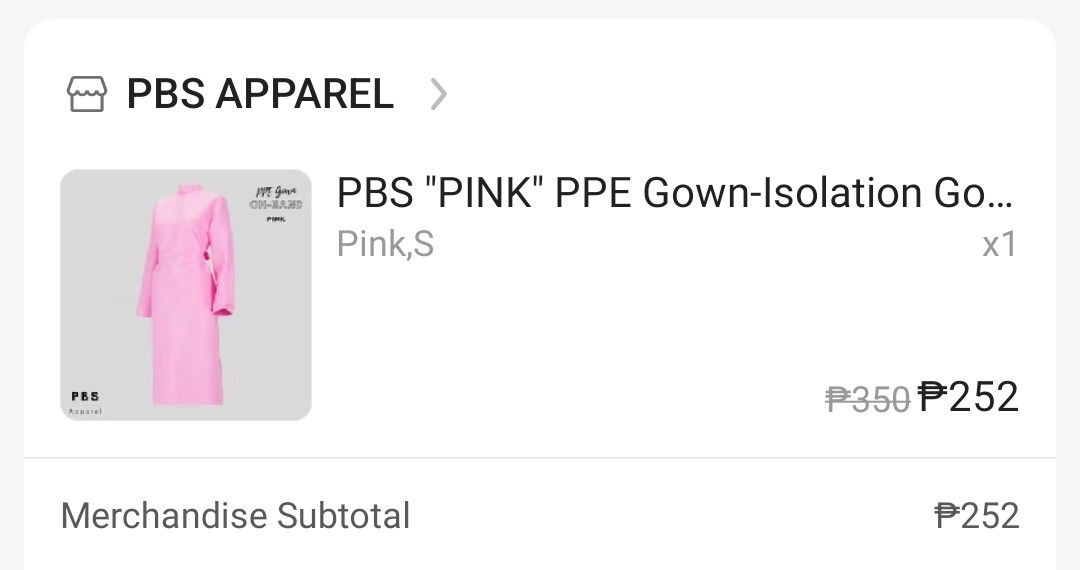 Nursing Pink PPE Gown (Small) (Category: Medical Supplies & Tools) located in Imus. Submitted by yjlovre (Listing ID 1458941948, Image 2). Description: – never used – bought for ₱252 (see 2nd picture for proof of purchase) – rfs: alr graduated! decluttering :) 📌 loc: imus, cavite 🛒 mop: gcash / maya 🖇️ mod: j&t / lbc / sdd (buyer's expense).