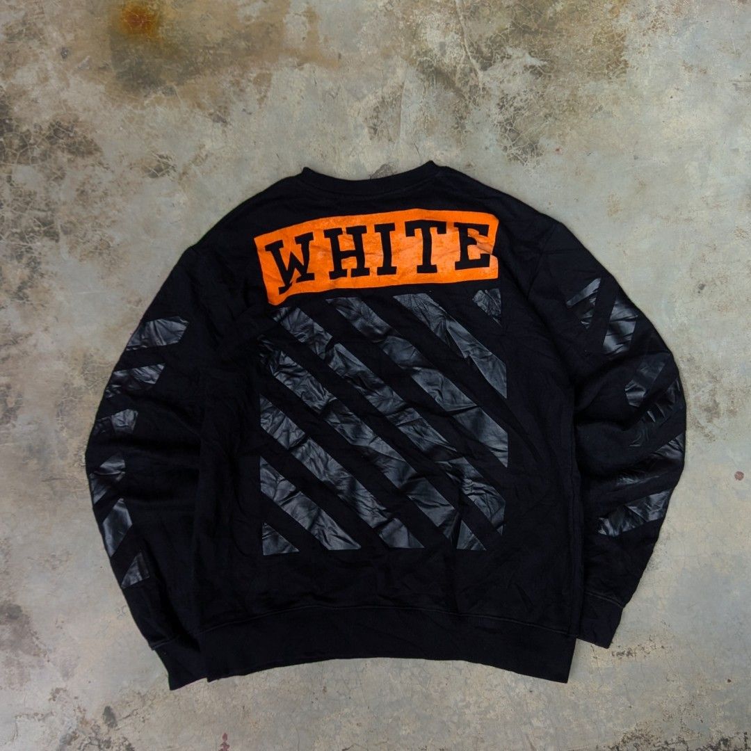 Offwhite sweatshirt (authentic) (Category: Hoodies) located in Ozamiz City. Submitted by drithrft (Listing ID 1458935952, Image 1). Description: Dimensions (inches) Width - 21.5 Length - 26 Condition - 9/10 Issue - minor hairlines sa orange part - peeling on tape (5th slide) - missing washtag.