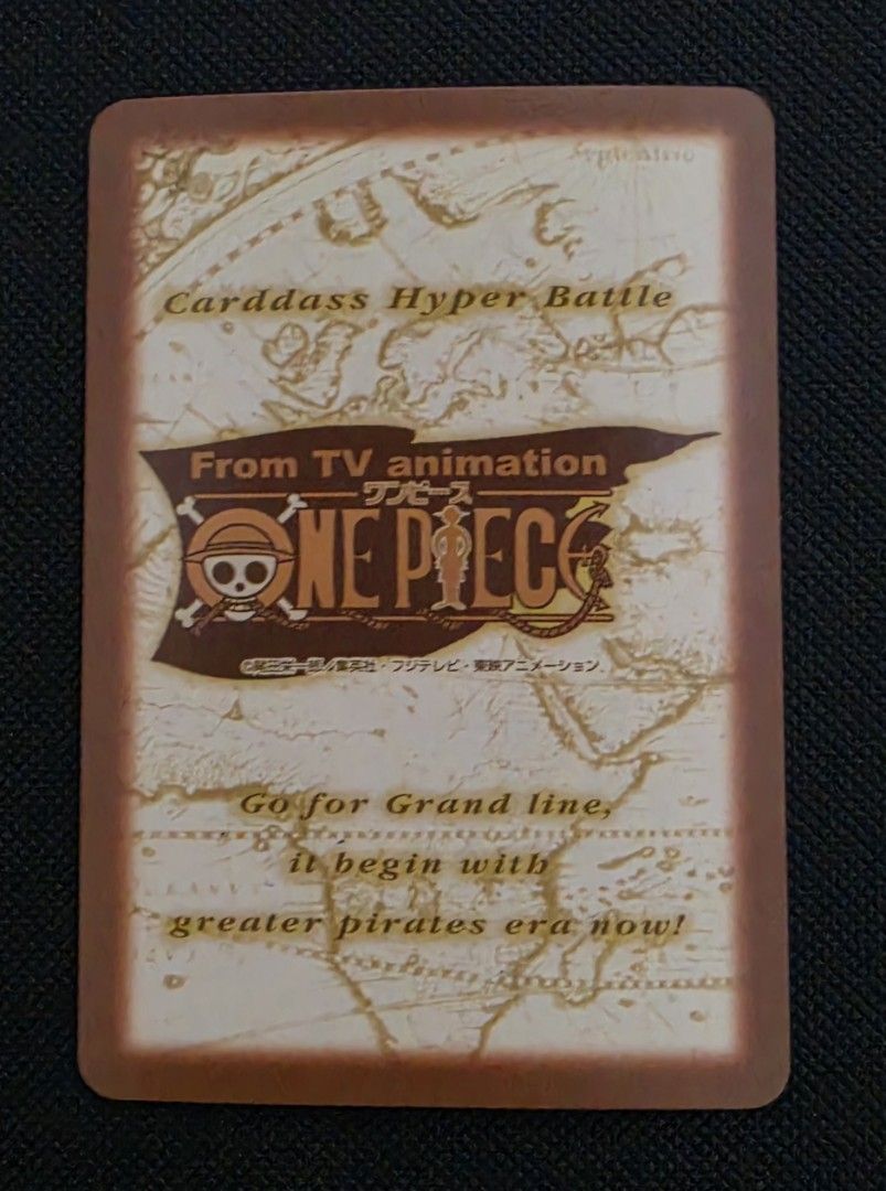 One Piece Cardass Hyper Battle Luffy Card (Category: Raw Singles) located in Taytay. Submitted by king_ayamiku (Listing ID 1459060203, Image 2). Description: - Authentic 2001 Bandai One Piece Cardass Hyper Battle card - Features the iconic Monkey D. Luffy - High point value: 500 - Text on card is in Japanese - Back features the One Piece logo and Grand Line details - Manufactured in Japan by Bandai.