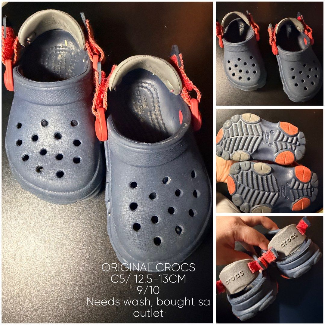 Original Crocs C5 / 12.5-13CM Navy Blue (Category: Babies & Kids Fashion) located in Cainta. Submitted by mikeeria.a (Listing ID 1458954485, Image 1). Description: - Original Crocs for kids - Size C5 (fits 12.5-13CM) - Color: Navy blue with red accents - Purchased from outlet - Item needs washing (selling as is).
