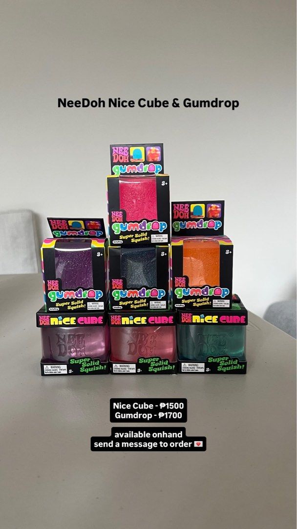 Original NeeDoh Nice Cube and Gumdrop (Category: Designer & Blind Box Toys) located in Mandaluyong City. Submitted by itsashleyg (Listing ID 1458899631, Image 1). Description: Nice Cube ₱1500 Gumdrop ₱1700.