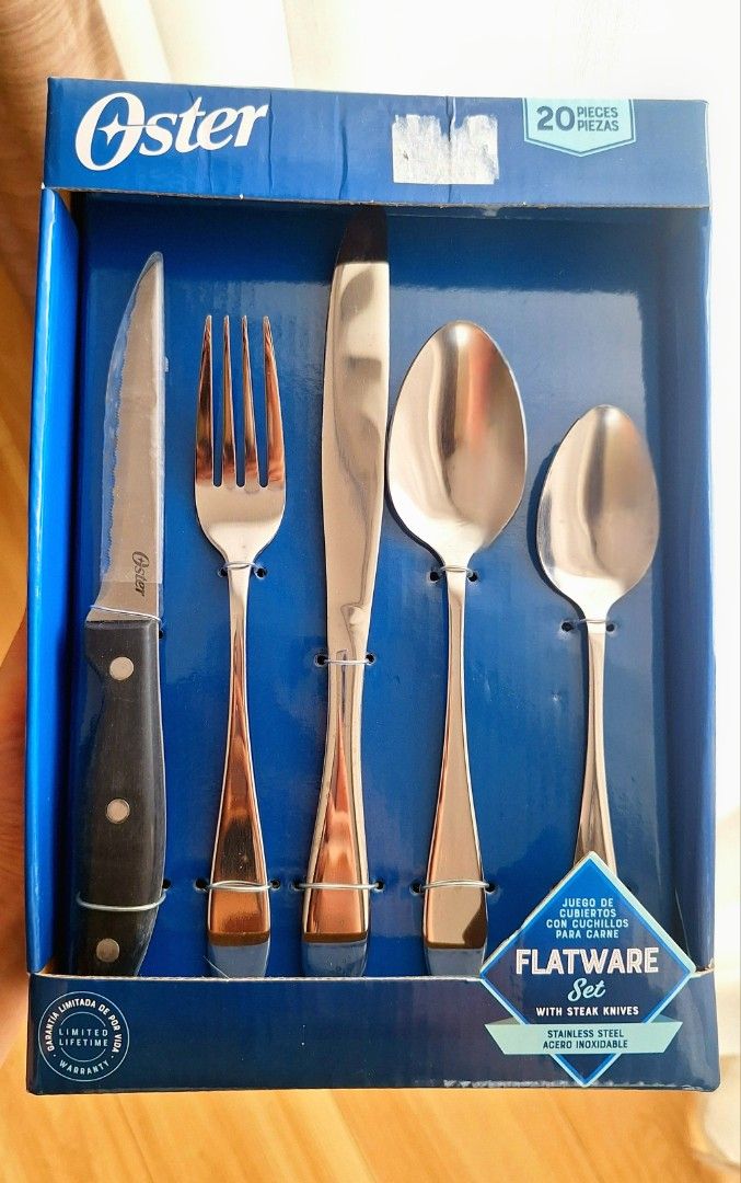 Oster 20pc Flatware Gift Set (Category: Dinnerware & Cutlery) located in Quezon City. Submitted by tinylittlecorner (Listing ID 1459049538, Image 1). Description: - Brand: Oster - Set includes: 4 Dinner Forks, 4 Dinner Knives, 4 Dinner Spoons, 4 Teaspoons, 4 Steak Knives (20 pieces total) - Material: Stainless Steel - Design: Classic and elegant - Condition: Brand new, unopened gift set - Perfect for everyday dining or special occasions.