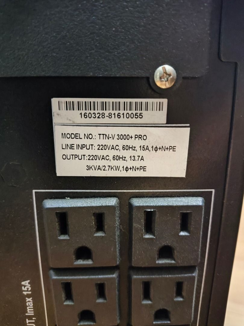 Phoenix TTN-V 3000+ PRO UPS 3KVA/2.7KW (Category: Office & Business Technology) located in Caloocan City. Submitted by dianemontales (Listing ID 1458969608, Image 2). Description: IMPORTANT NOTES: BUY AT YOUR OWN RISK 1. WITH POWER, BUT BATTERY NO SUPPLY 2. ERROR CODE: WARNING 27 3. WHEN UNPLUG TO OUTLET IT SHUTDOWN INCLUSION: POWER CABLE.