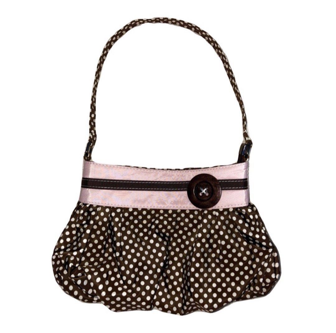 Pink Brown Polka Dot Vintage Shoulder Bag with Button (Category: Tote Bags) located in Quezon City. Submitted by chexmix (Listing ID 1459018551, Image 1). Description: width - 12 inches length - 9 inches.