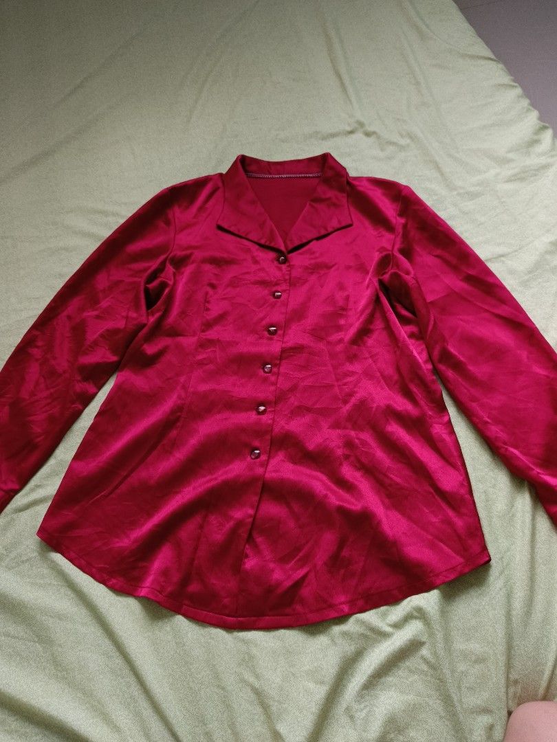 Red Satin Button-Up Blouse (Category: Blouses) located in Cabanatuan. Submitted by lyxyx (Listing ID 1459015499, Image 1). Description: - Shiny red long-sleeve blouse - Button-up front with collar - Fabric has a nice sheen - Perfect for dressing up or down - Ideal for parties or work.