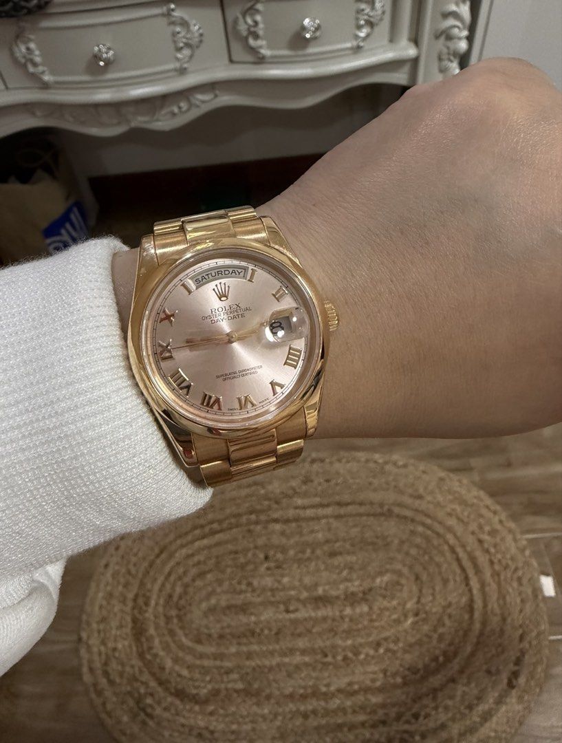 Rolex Day-Date 36mm Rose Gold Watch (Category: Luxury Watches) located in Subic. Submitted by cottoncandy2008 (Listing ID 1459080270, Image 3). Description: - Rolex Day-Date Watch - Case & Bracelet: Rose Gold - Dial: Pink with Roman Numerals - Year: 2001Model - Condition: Great - Includes: Original Box & Papers NEGOTIABLE for Sure buyer 🤗.