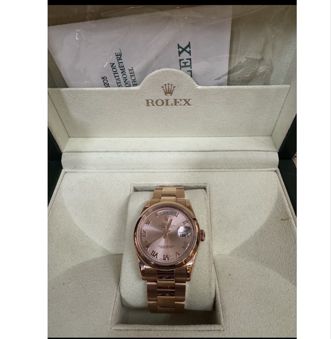 Rolex Day-Date 36mm Rose Gold Watch (Category: Luxury Watches) located in Subic. Submitted by cottoncandy2008 (Listing ID 1459080270, Image 2). Description: - Rolex Day-Date Watch - Case & Bracelet: Rose Gold - Dial: Pink with Roman Numerals - Year: 2001Model - Condition: Great - Includes: Original Box & Papers NEGOTIABLE for Sure buyer 🤗.
