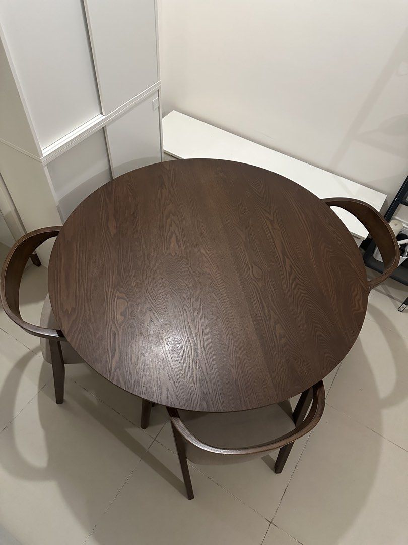 Round Solid Wooden Dining Table with 3 Chairs Blims Seki (Category: Tables & Sets) located in Marikina City. Submitted by ellies.mnl (Listing ID 1458922423, Image 2). Description: FOR SALE: Solid Wood Dining Table + 3 Chairs from Blims (Seki dining set) 💰 Bought for: ₱34,950 🏷️ Selling for: ₱22,000 RFS: Need a smaller set after moving to the condo Table diameter -120 cm Chair width - 55 cm Table and chair height - 77 cm Inclusions: • 1 solid wo