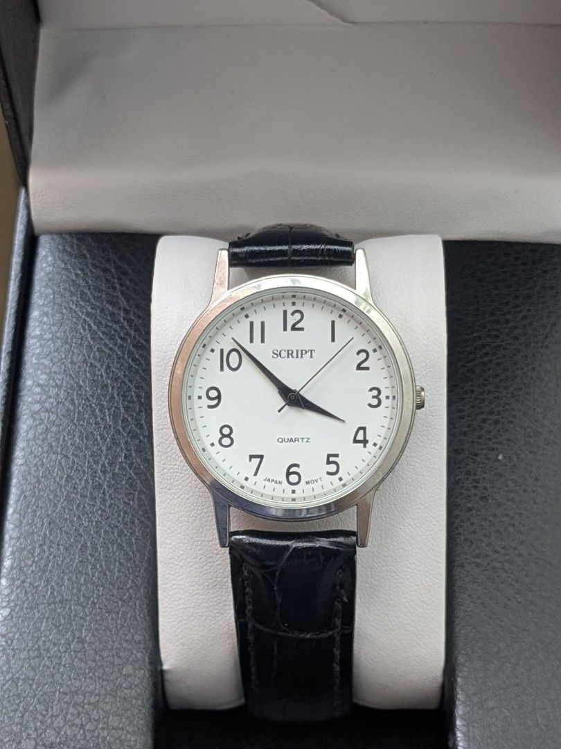 Script by J-Axis White Dial Croc Leather Watch (Category: Men's Watches) located in Quezon City. Submitted by nnncorner (Listing ID 1459021636, Image 3). Description: Script by J-Axis White Dial Croc Leather Watch 9/10 condition 100% Authentic Japan Movement No issues It comes with a replacement box 20 peso coin size dial Fits wrist 16-21cm only No scratches or hairlines on glass face Good as new still in 4 years battery srp: 4990 in pesos.