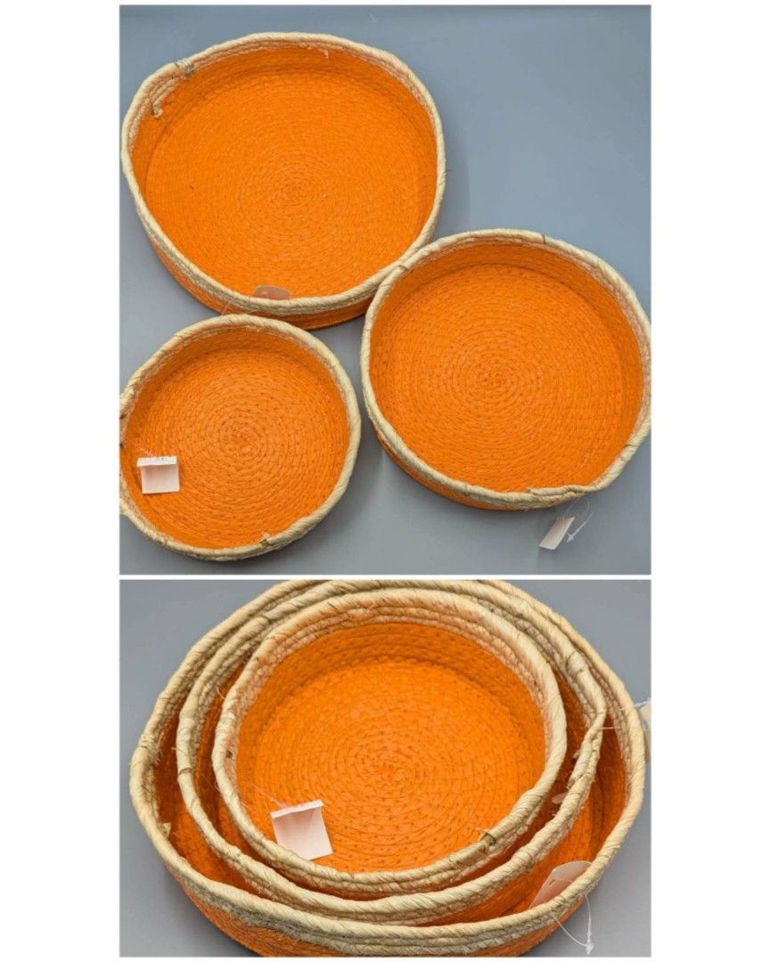Set of 3 Orange Woven Storage Baskets (Category: Storage Boxes & Baskets) located in La Trinidad. Submitted by chicrafa (Listing ID 1458953224, Image 1). Description: WOVEN STRAW DECORATIVE TRAY/BASKET SET P300 New, 8in d. (S), 9.5in d. (M), 11.25in d. (L).