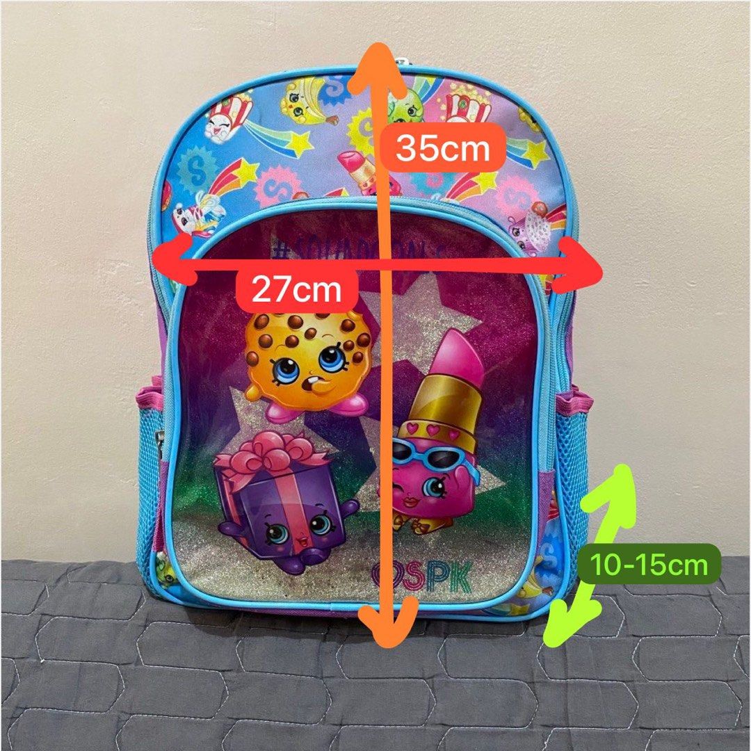 Shopkins Backpack School Bag (Category: Other Babies Going Out Needs) located in Imus. Submitted by shopfromlilo (Listing ID 1426509071, Image 2). Description: Well-used. Please manage expectations. Needs washing. Side pocket garters are worn out na po. Imus Cavite location. Lalamove or J&T. #shopkins #shopkinsbag #shopkinsbagpack #kidschoolbag.