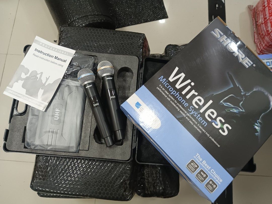 SHURE MICROPHONE WIRELESS SYSTEM (Category: Microphones) located in Manila. Submitted by samsudin2001 (Listing ID 1458994578, Image 1). Description: 🎤 SHURE Wireless Microphone System – 2 Microphones 📌 Brand: SHURE 📌 Type: Wireless Microphone System 📌 Set: 2 Wireless Microphones 📌 Condition:Brandnew 📦 INCLUSIONS: • 2pcs Wireless Microphones • Wireless Receiver • Power Adapter/Cable • Original Hard Carrying Case • Instruction Manual • Origin