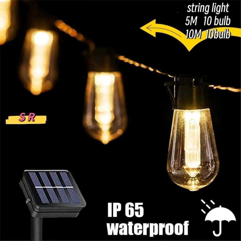 Solar Powered String Lights - 5M/10M, 10 Bulbs, Waterproof (Category: Lighting) located in Manila. Submitted by marvieobordo (Listing ID 1458974500, Image 3). Description: - Solar-powered string lights for outdoor use - Available in 5M or 10M lengths with 10 bulbs - IP65 waterproof rating, suitable for patios, balconies, and camping - Emits a warm, cozy glow for ambiance - No electricity required, easy to set up - Ideal for parties or everyday de