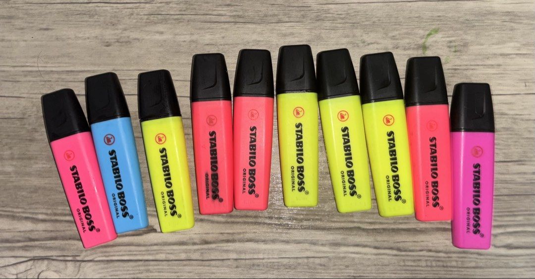 Stabilo Boss Original Highlighters - Assorted Colours (Category: Stationery & School Supplies) located in Manila. Submitted by decluttermaven (Listing ID 1459056011, Image 1). Description: Set of Stabilo Boss Original highlighters - pink, blue, and yellow colors - barely to lightly used with crisp, un-flattened chisel tips (almost-new physical condition) - smooth, vibrant ink flow - ideal for studying and organizing notes TAKE ALL at Php 250 (ori