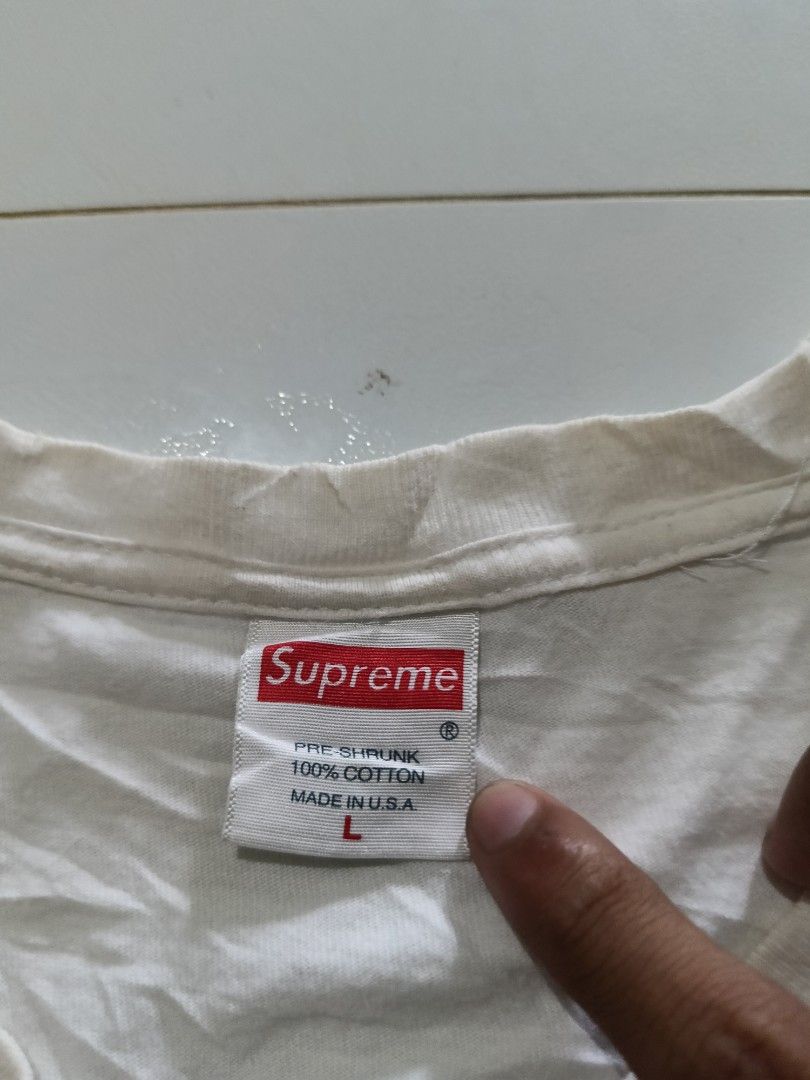 Supreme mid logo white shirt (Category: Tshirts & Polo Shirts ) located in Naga. Submitted by just_thrift2.0 (Listing ID 1458988635, Image 2). Description: Size large dimes 20x26 condition: Excellent color rate 9.5/10 no issue need wash lang complete tags.