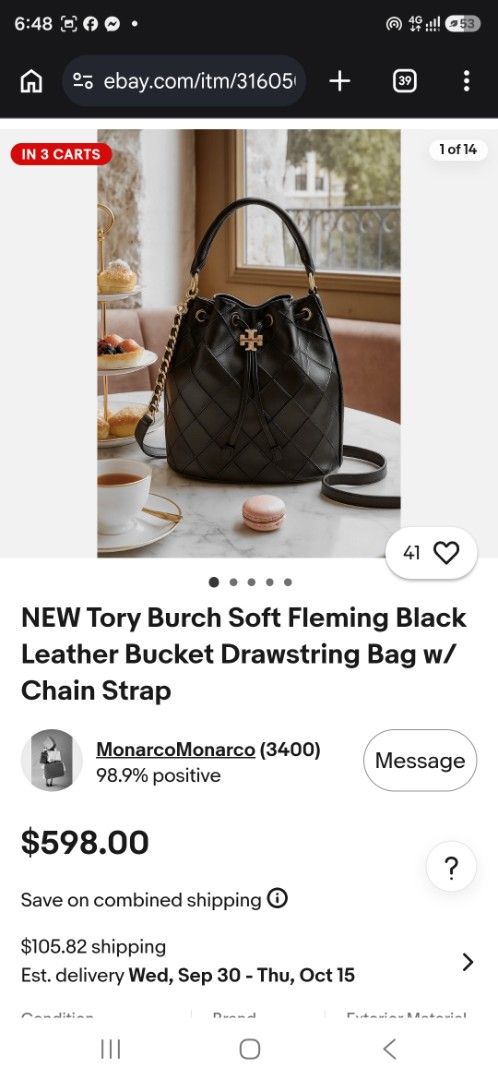 Tory Burch Soft Fleming Black Leather Bucket Bag (Category: Cross-body Bags) located in Lemery. Submitted by venus23 (Listing ID 1458990972, Image 2). Description: - Elegant black leather bucket bag - Stylish quilted pattern - Luxurious gold chain strap - Convenient top handle - Secure drawstring closure - Signature Tory Burch logo hardware - Interior includes a green box - Compact size: approximately 6 inches wide.