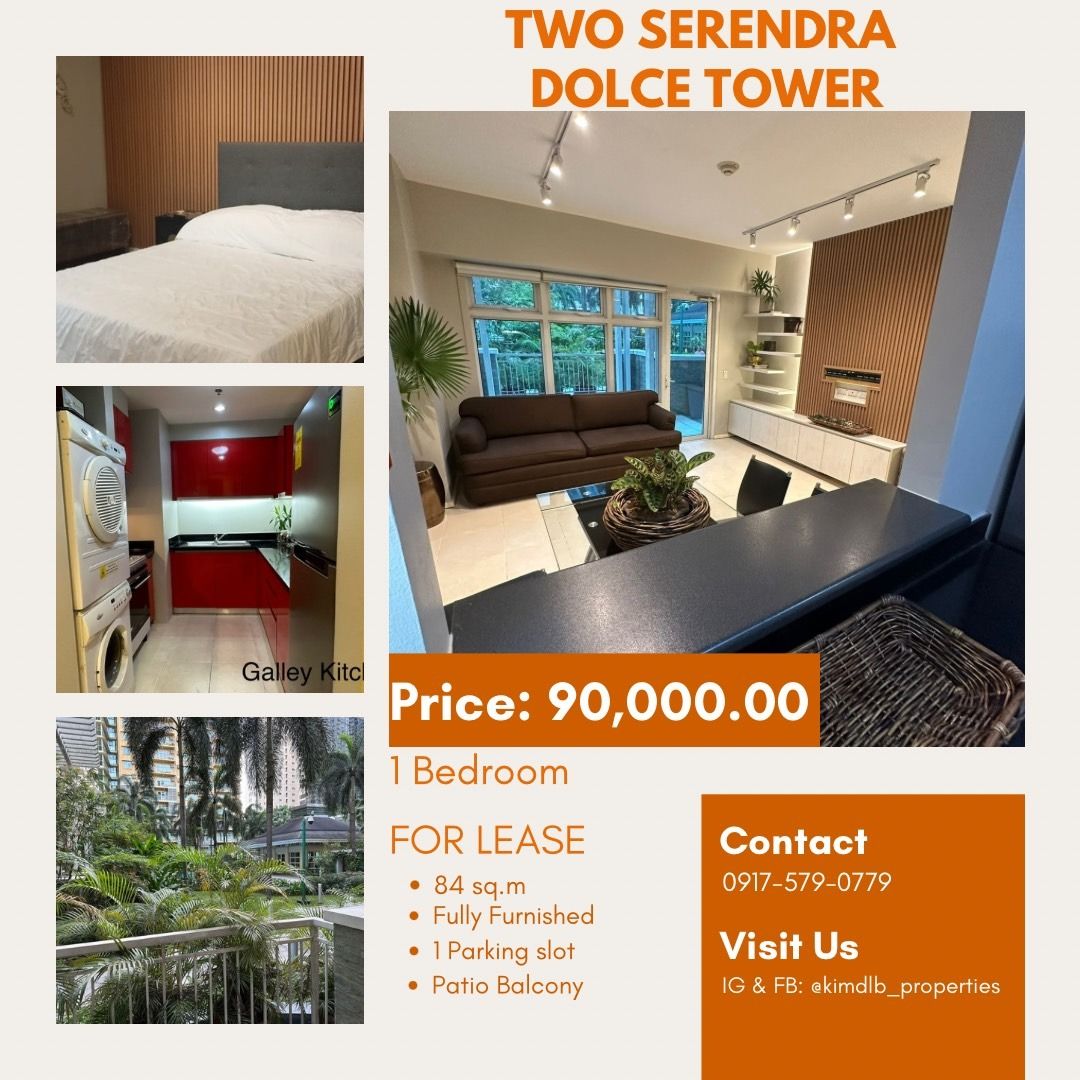 TWO SERENDRA DOLCE TOWER 1 BEDROOM FOR LEASE (Category: Apartments & Condos) located in Makati City. Submitted by kimdlb_properties (Listing ID 1380726844, Image 1). Description: Ground-Floor Resort Living at Two Serendra Dolce 🌿✨ Step straight out into nature with this sprawling 84sq.m 1-bedroom home on the ground floor of Two Serendra's Dolce Tower. Featuring a private patio balcony and tasteful, full furnishings, this residence gives you seam