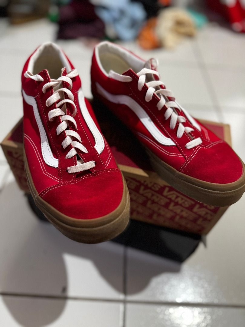 Vans Style 36 Red Gum Sole Sneakers (Category: Sneakers) located in Quezon City. Submitted by eonnnnn (Listing ID 1458910332, Image 2). Description: - Classic red Vans Style 36 - Iconic white side stripe - Gum sole - Original box included - Size: 11 US Men's - Ideal for everyday wear and skating.