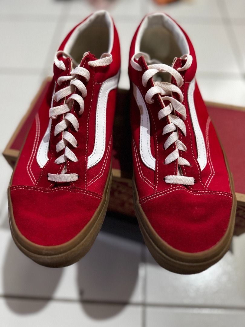 Vans Style 36 Red Gum Sole Sneakers (Category: Sneakers) located in Quezon City. Submitted by eonnnnn (Listing ID 1458910332, Image 1). Description: - Classic red Vans Style 36 - Iconic white side stripe - Gum sole - Original box included - Size: 11 US Men's - Ideal for everyday wear and skating.