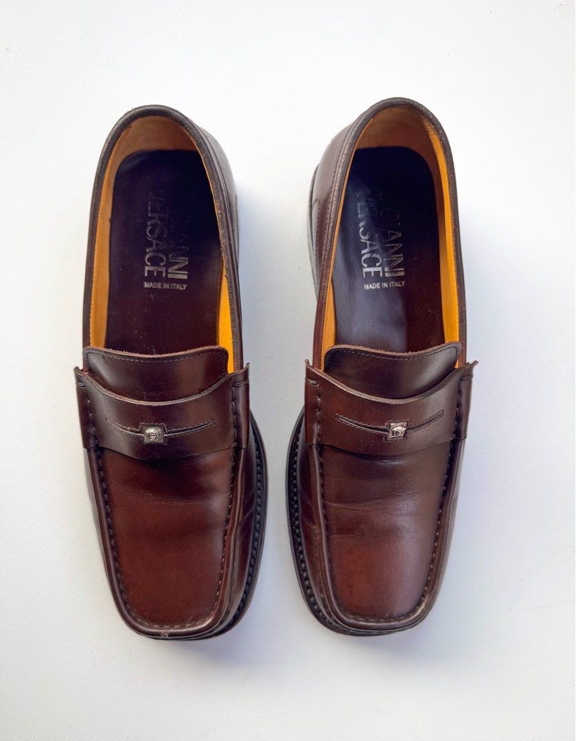 Versace Square Toe Penny Loafers (Category: Dress Shoes) located in Davao. Submitted by LUXURY (Listing ID 1458975245, Image 2). Description: Vintage Versace Dark Brown Leather Penny Loafers Size 41.5 Pair only Visit my profile for more luxury items.