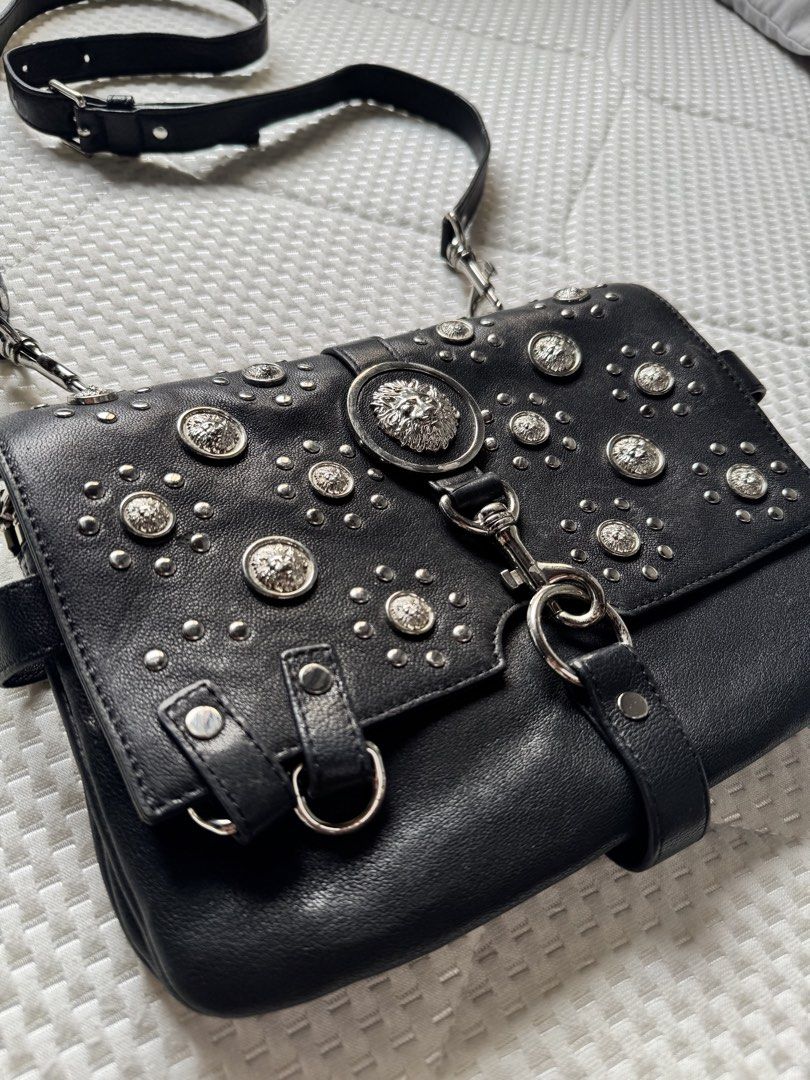 Versace Studded Black Leather Crossbody Bag (Category: Luxury Bags & Wallets) located in Manila. Submitted by thevintage90_sretro. (Listing ID 1459004279, Image 2). Description: Versace Studded Black Leather Crossbody Bag one size legit dm.