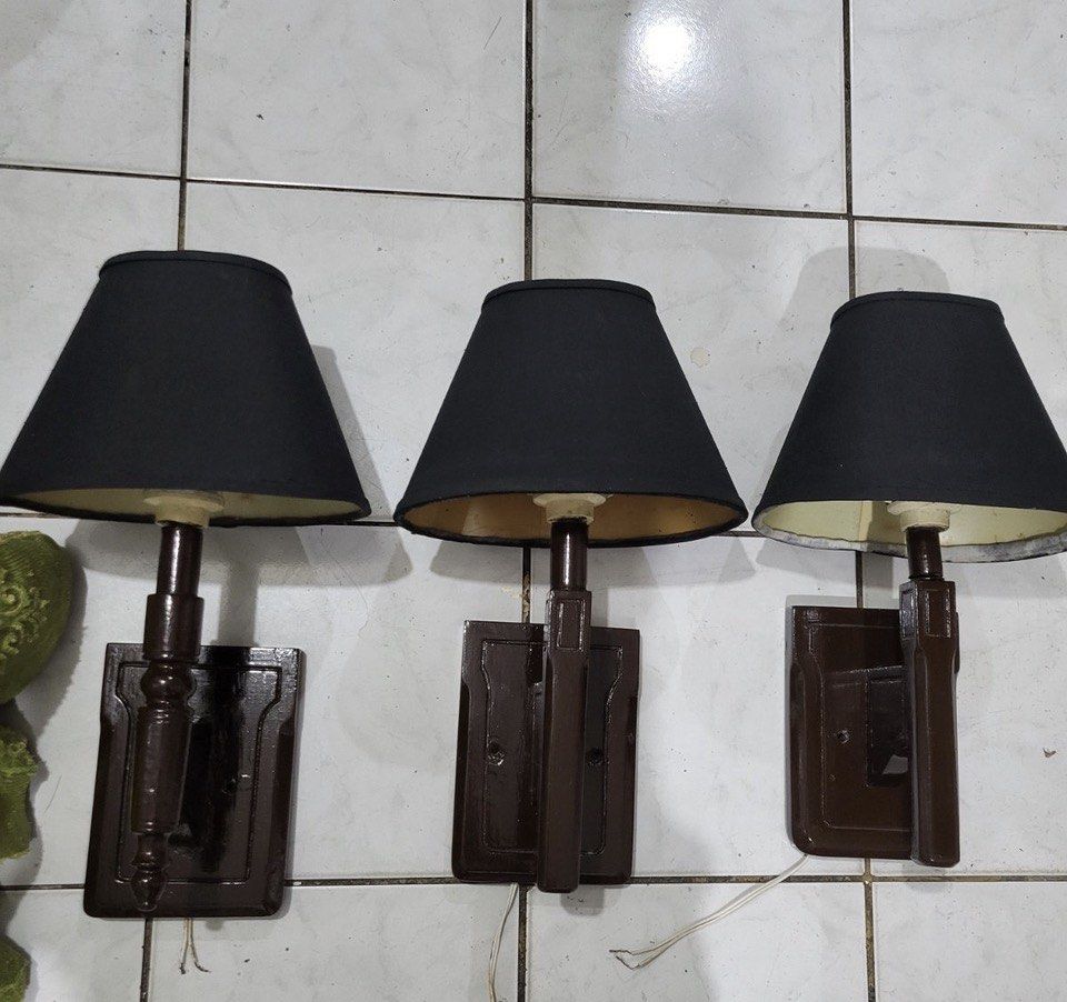 Wall lamp (Category: Lighting) located in Manila. Submitted by inaahc (Listing ID 1459088464, Image 1). Description: Traditional plug in wall lamp innscones In shade of deep black finish bodies tampered fabric shades. Ginamit lang sa shooting ng events that’s it. 3 pieces for 2000 .