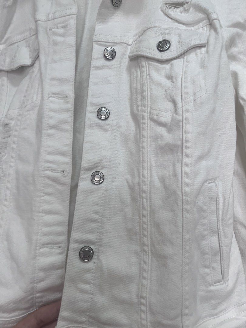 Maurices White Denim Jacket (Category: Coats, Jackets and Outerwear) located in Manila. Submitted by budgetmusemnl (Listing ID 1458957913, Image 3). Description: Can Fit M- L Semi Stretch THIS ARE ALL MY PERSONAL PRE LOVED CLOTHES 💝ORFS: DECLUTTERING, MOVING OUT OF THE COUNTRY OFFER NOW WITH DISCOUNT IF YOU GET ANOTHER ITEM Size preference: I am mid to plus size Measurement on flat laid Bust:42 Length:55 Arms:20 Shipping : J&T and lalamove Payme