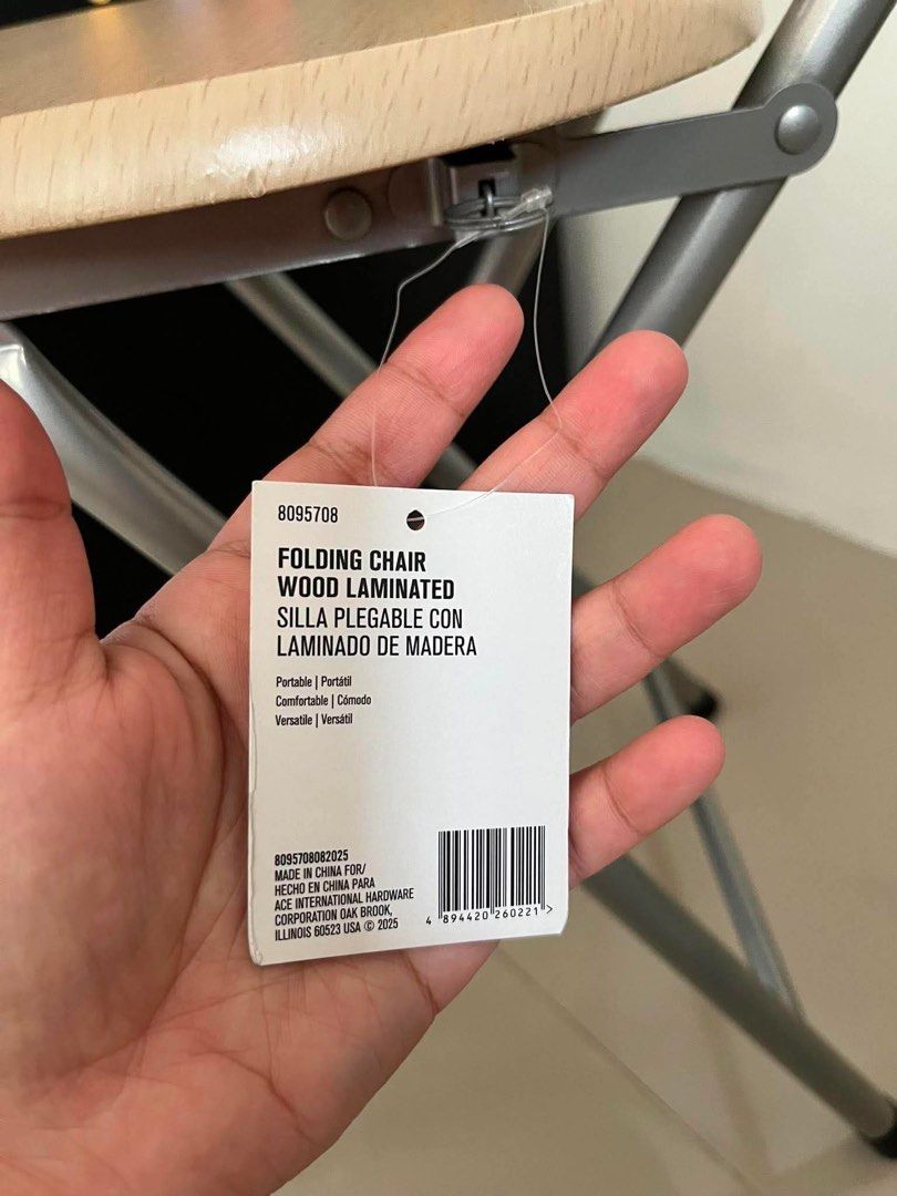 WOODEN FOLDING CHAIR (Category: Office Furniture & Fixtures) located in Quezon City. Submitted by zeline.seller (Listing ID 1459001584, Image 2). Description: FOLDING CHAIR *from Ace Hardware *wood laminated Original price: ₱599 Selling price: ₱399 Issue: none, good as new Reason for selling: wrong color .