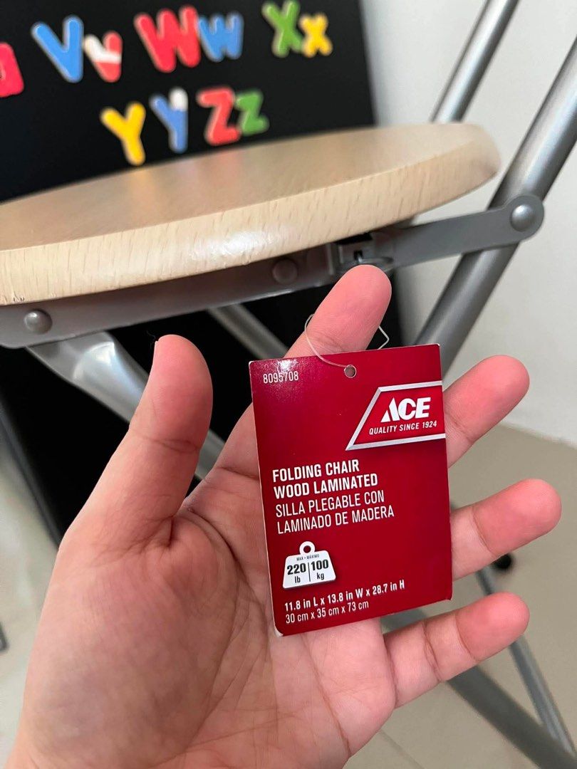 WOODEN FOLDING CHAIR (Category: Office Furniture & Fixtures) located in Quezon City. Submitted by zeline.seller (Listing ID 1459001584, Image 1). Description: FOLDING CHAIR *from Ace Hardware *wood laminated Original price: ₱599 Selling price: ₱399 Issue: none, good as new Reason for selling: wrong color .