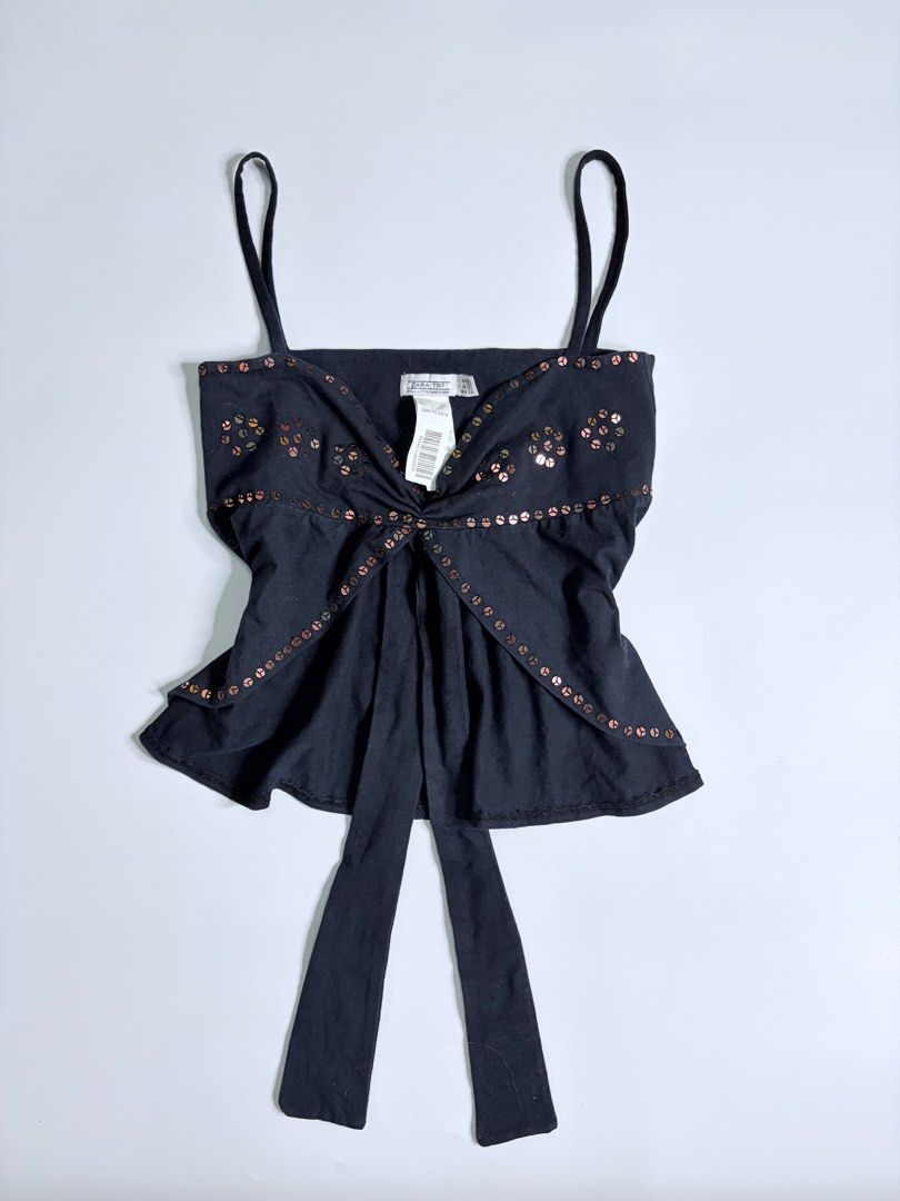 zara black front tie sequins babydoll top (Category: Sleeveless) located in Balanga. Submitted by kaiireverie (Listing ID 1458982957, Image 1). Description: xs-s.